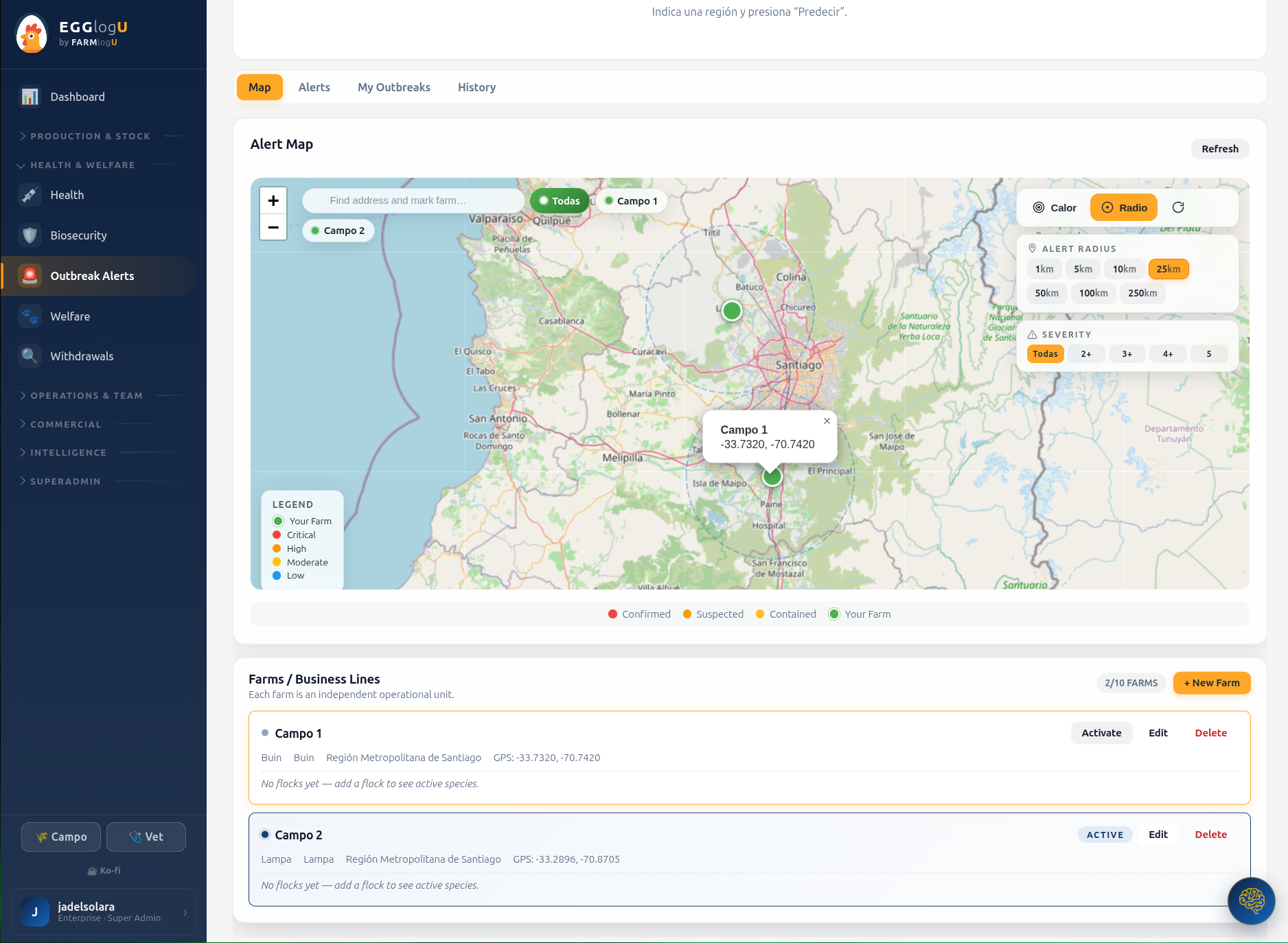 Módulo Outbreak Alerts — mapa georreferenciado con cohorte de granjas, radio configurable y niveles de severidad